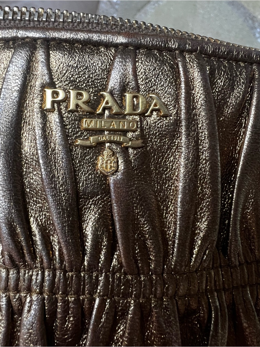 PRADA Metallic Gold Ruched Leather Clutch - Picture 8 of 11
